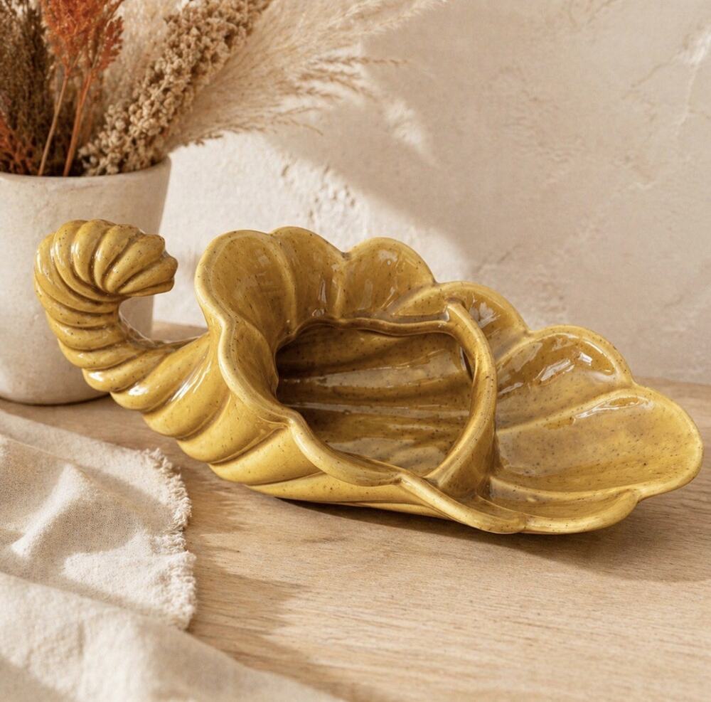 Vintage Haeger USA Cornucopia Mustard Drip Glaze Mid Century Pottery Bowl READ
